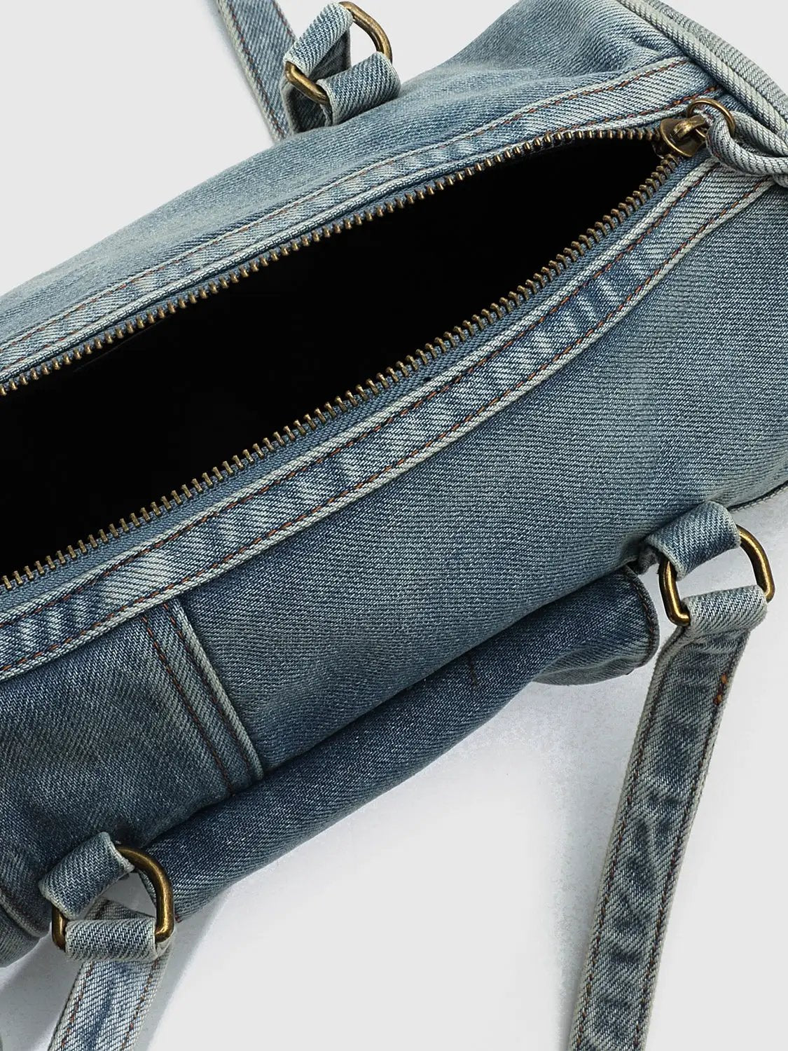Vintage Denim Drawstring Pocket Bowling Shoulder Bag