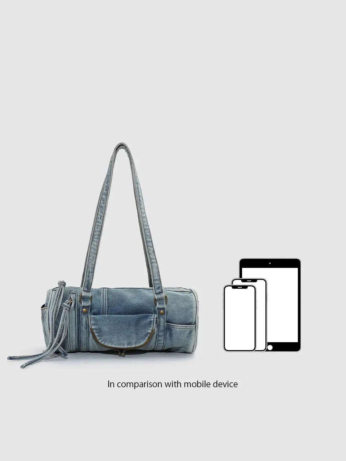 Vintage Denim Drawstring Pocket Bowling Shoulder Bag