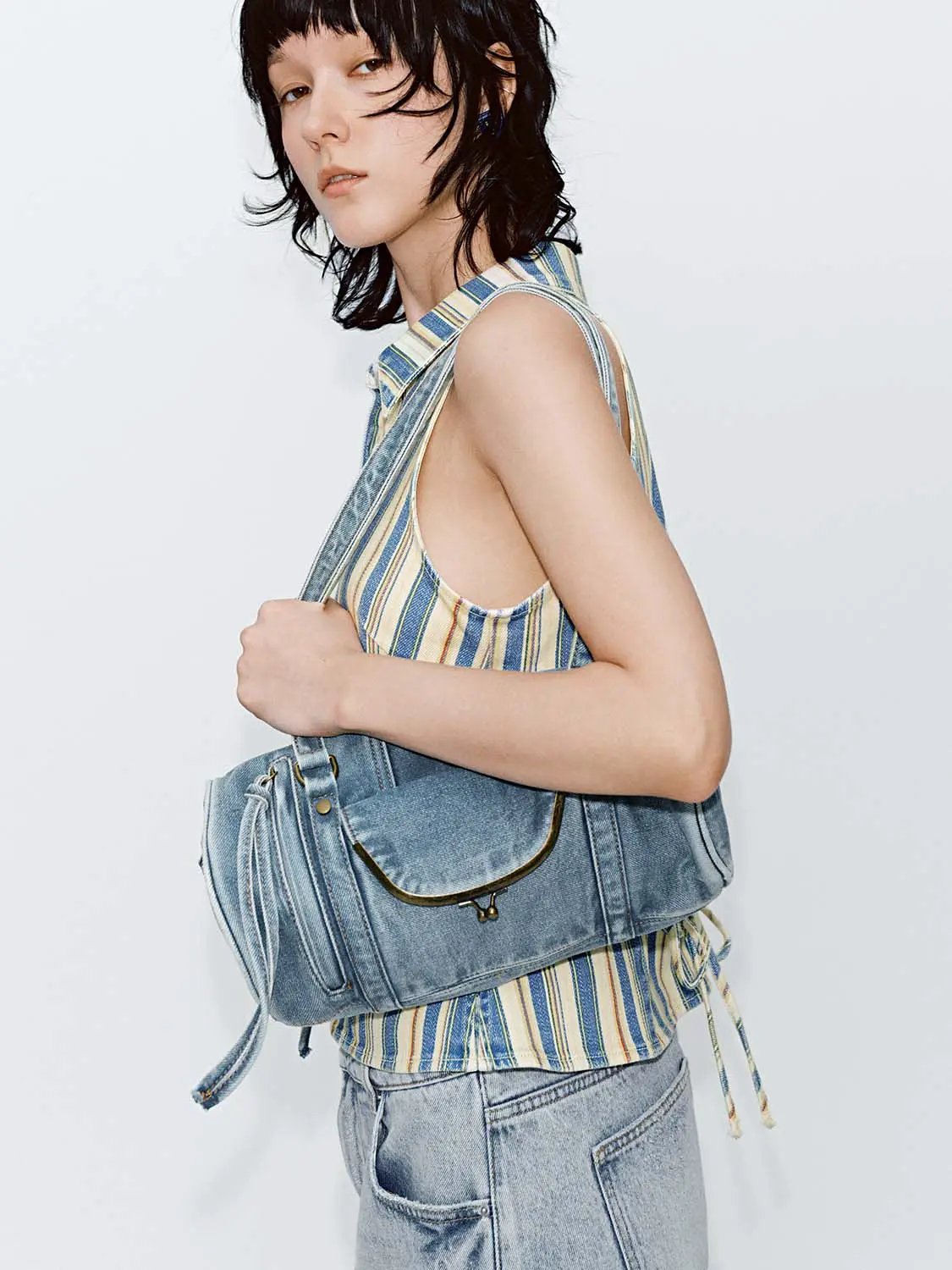 Vintage Denim Drawstring Pocket Bowling Shoulder Bag