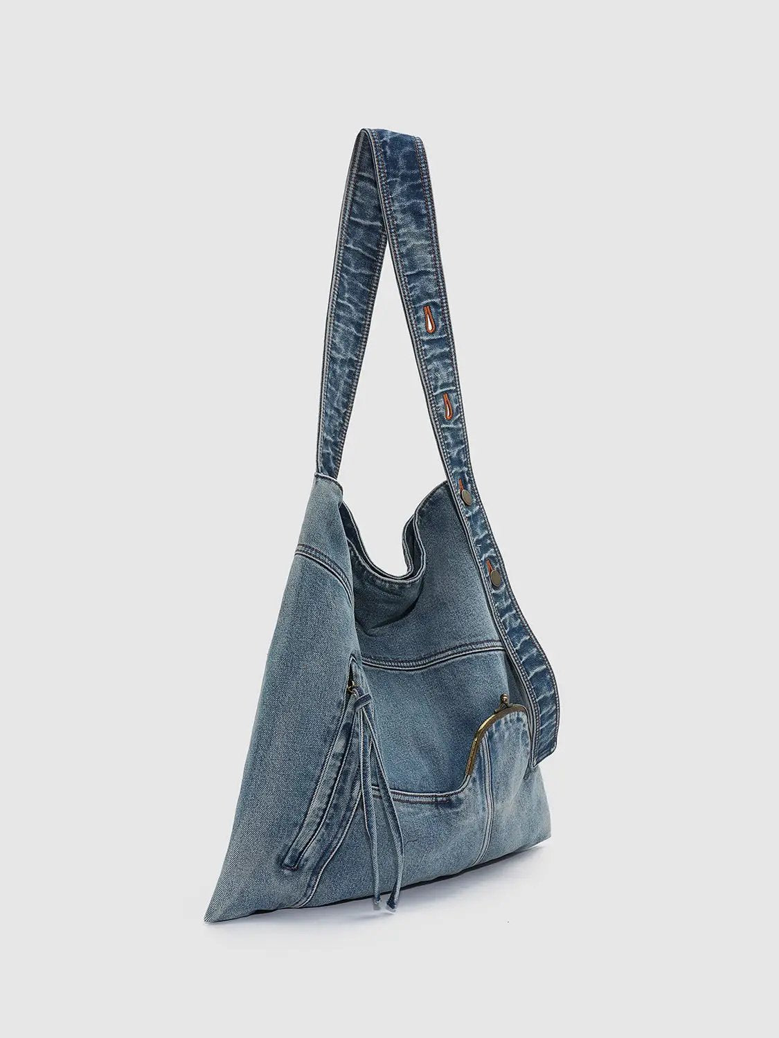 Wash Denim Multi Pocket Large Tote Shoulder Bag