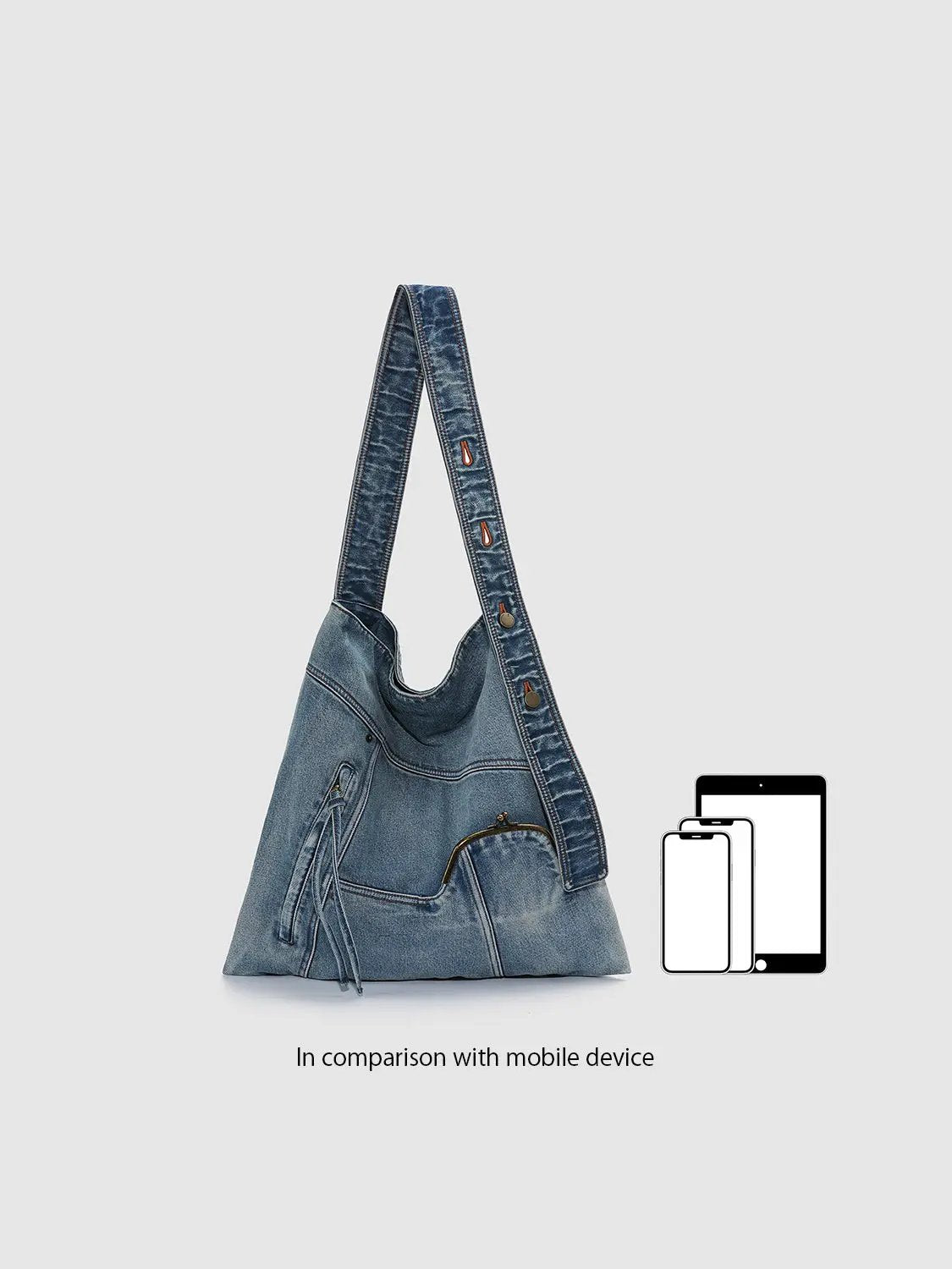 Wash Denim Multi Pocket Large Tote Shoulder Bag
