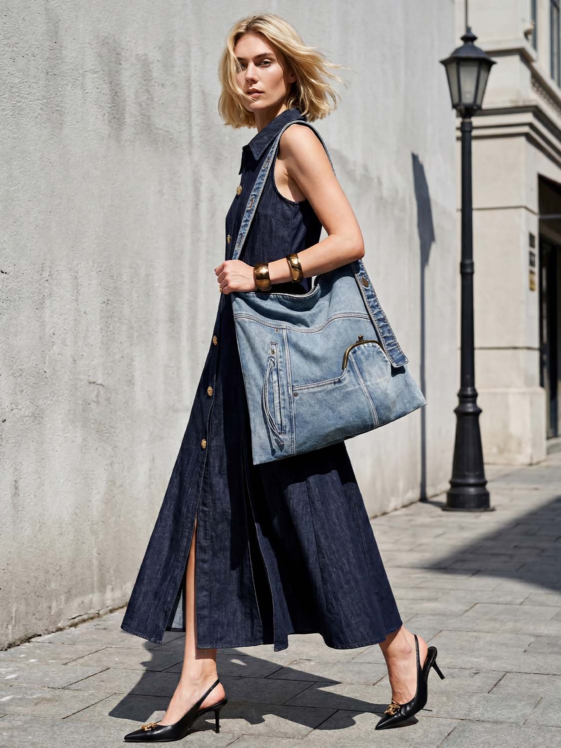 Wash Denim Multi Pocket Large Tote Shoulder Bag