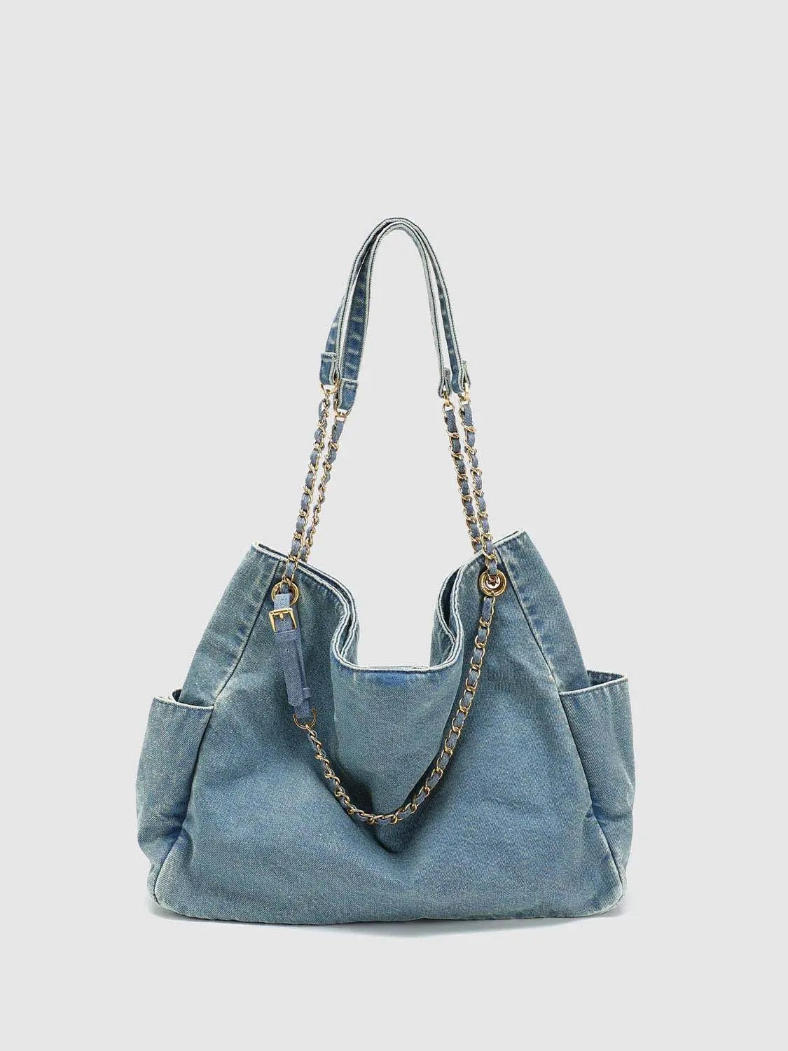 Chain Strap Washed Denim Large Capacity Shoulder Bag