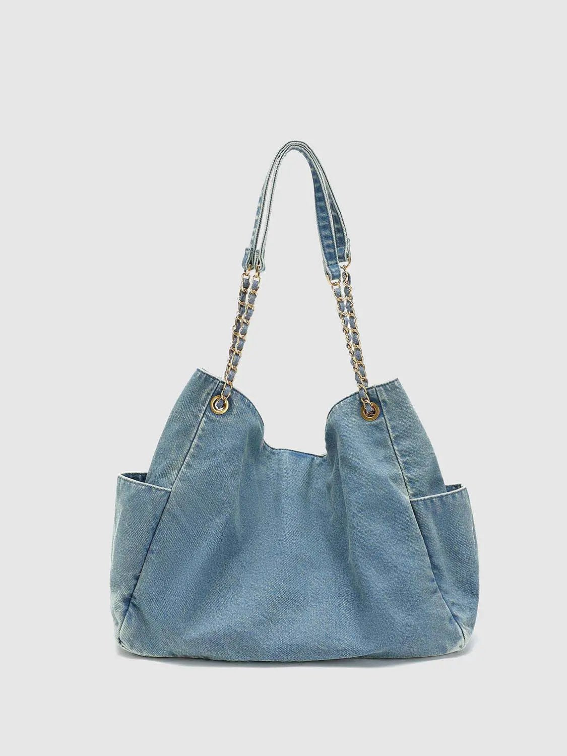 Chain Strap Washed Denim Large Capacity Shoulder Bag