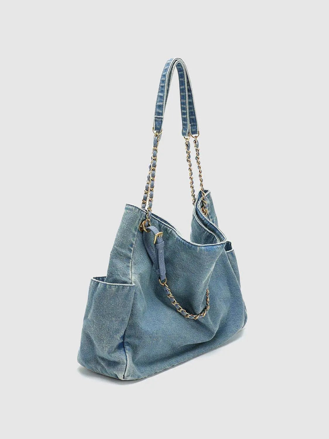 Chain Strap Washed Denim Large Capacity Shoulder Bag