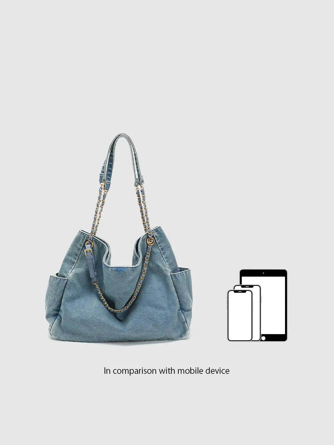 Chain Strap Washed Denim Large Capacity Shoulder Bag