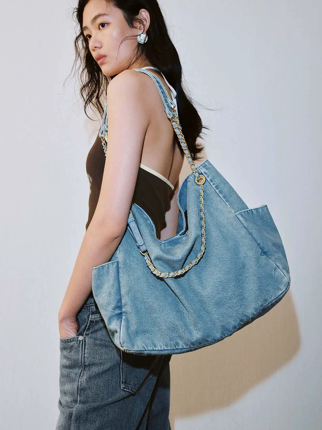 Chain Strap Washed Denim Large Capacity Shoulder Bag