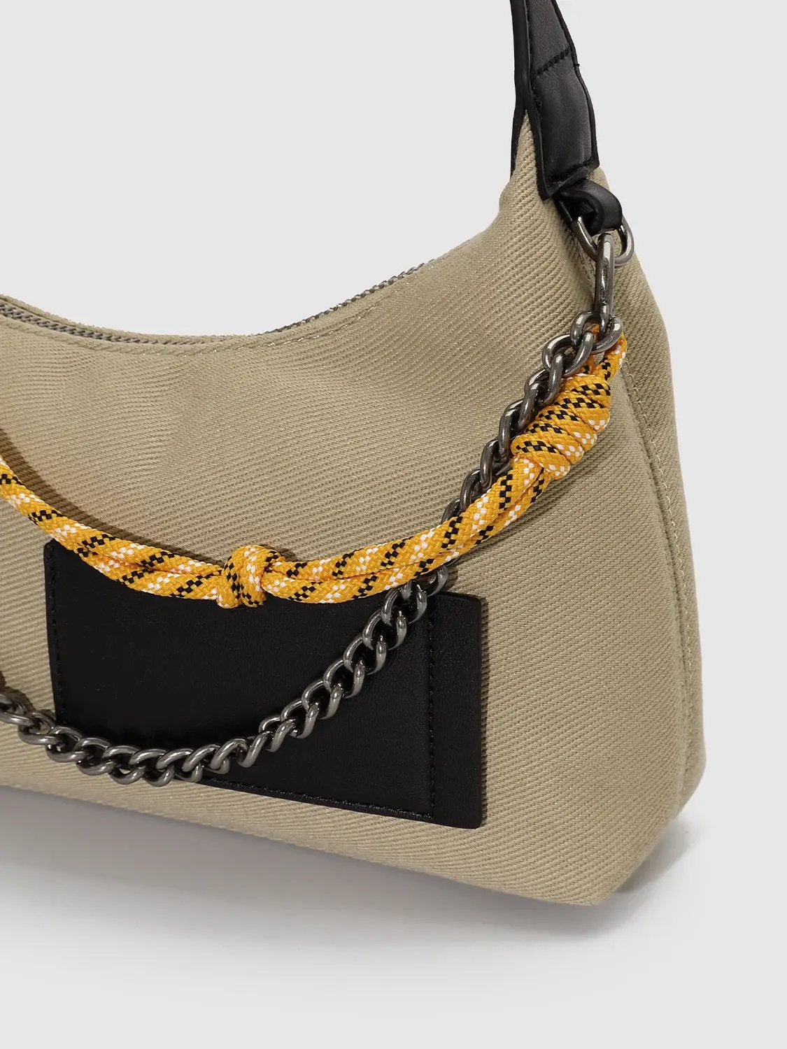 Faux Leather Patch Chain Strap Contrast Rope Accent Hobo Bag