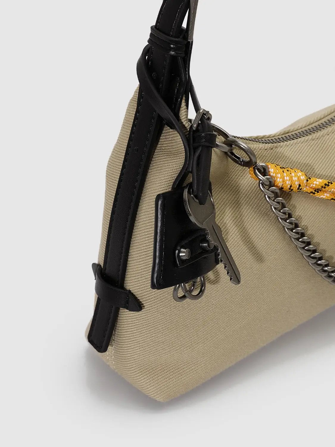 Faux Leather Patch Chain Strap Contrast Rope Accent Hobo Bag