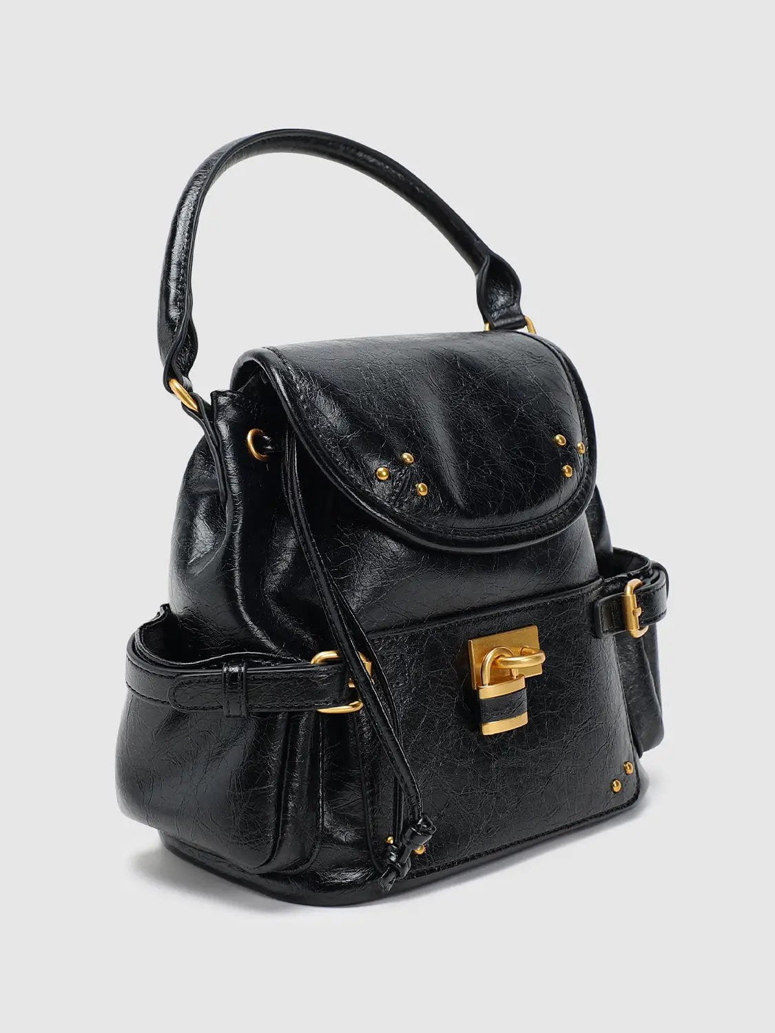 Vintage Black Metal Buckle Drawstring Mini Hand Shoulder Bag