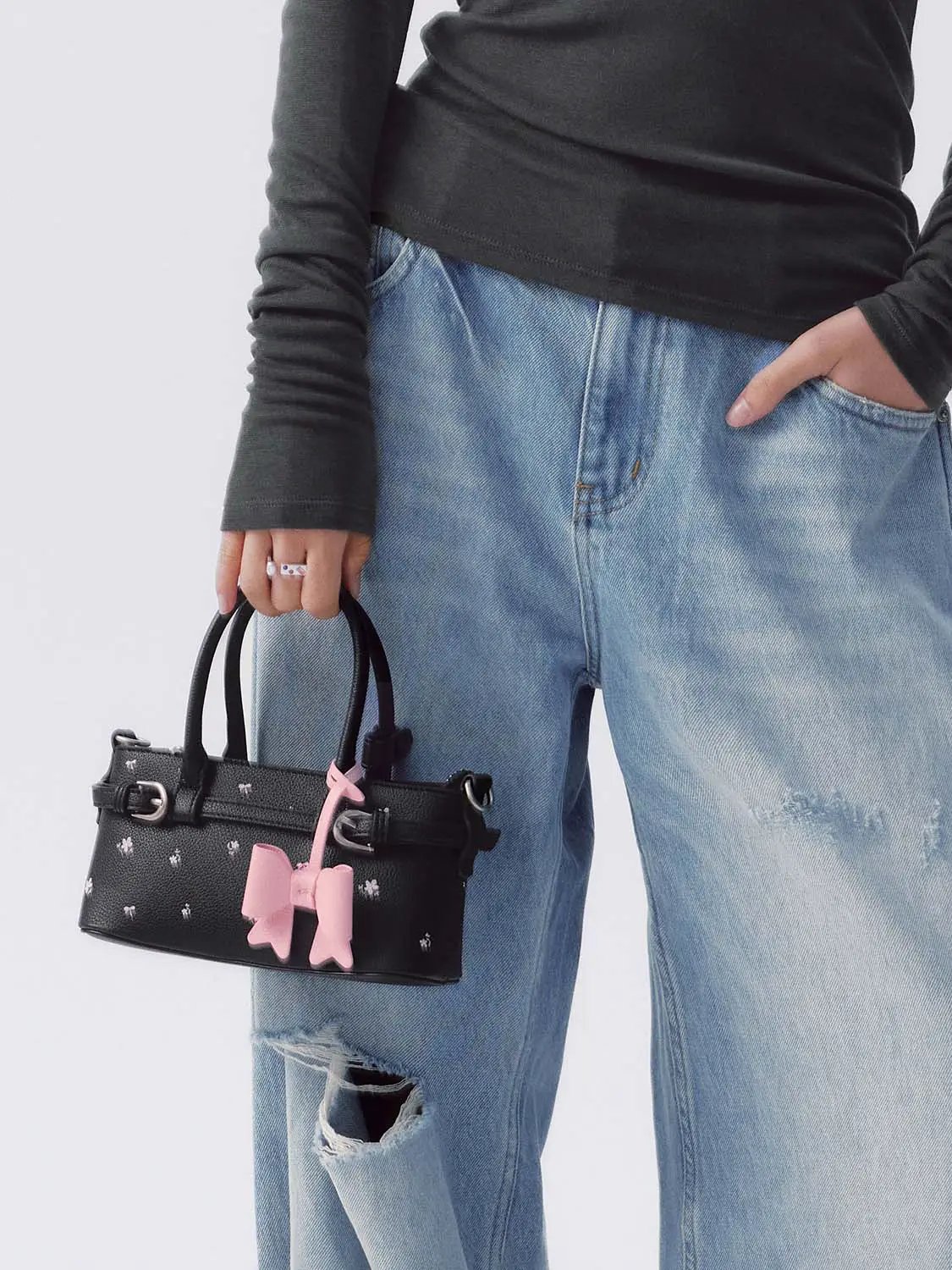 Crossbody Floral Print Pink Bow Charm Bag