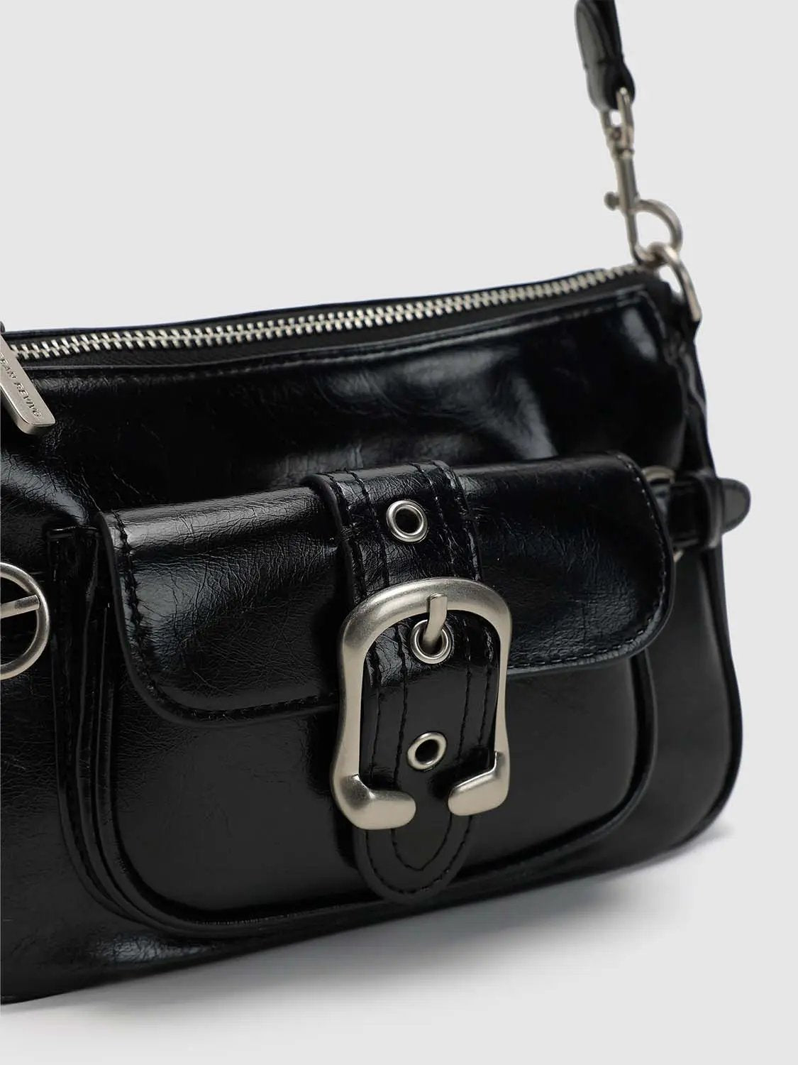 Shiny Leather Buckle Flap Y2K Shoulder Underarm Bag