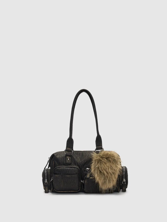 Textured Zippered Multi Pocket Fur Charm Shoulder Bag