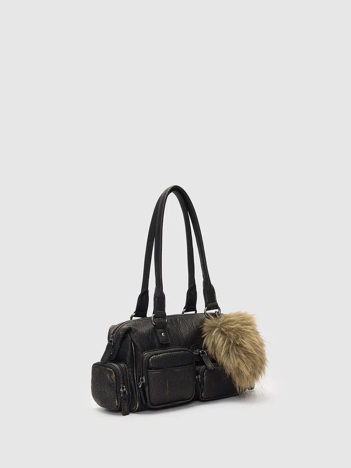 Textured Zippered Multi Pocket Fur Charm Shoulder Bag