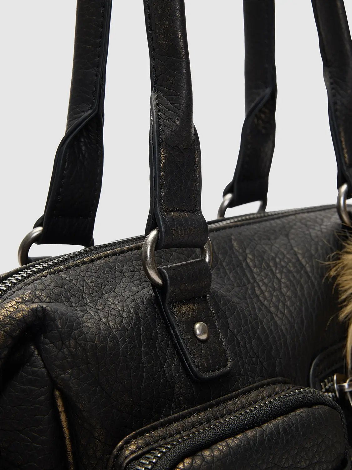 Textured Zippered Multi Pocket Fur Charm Shoulder Bag