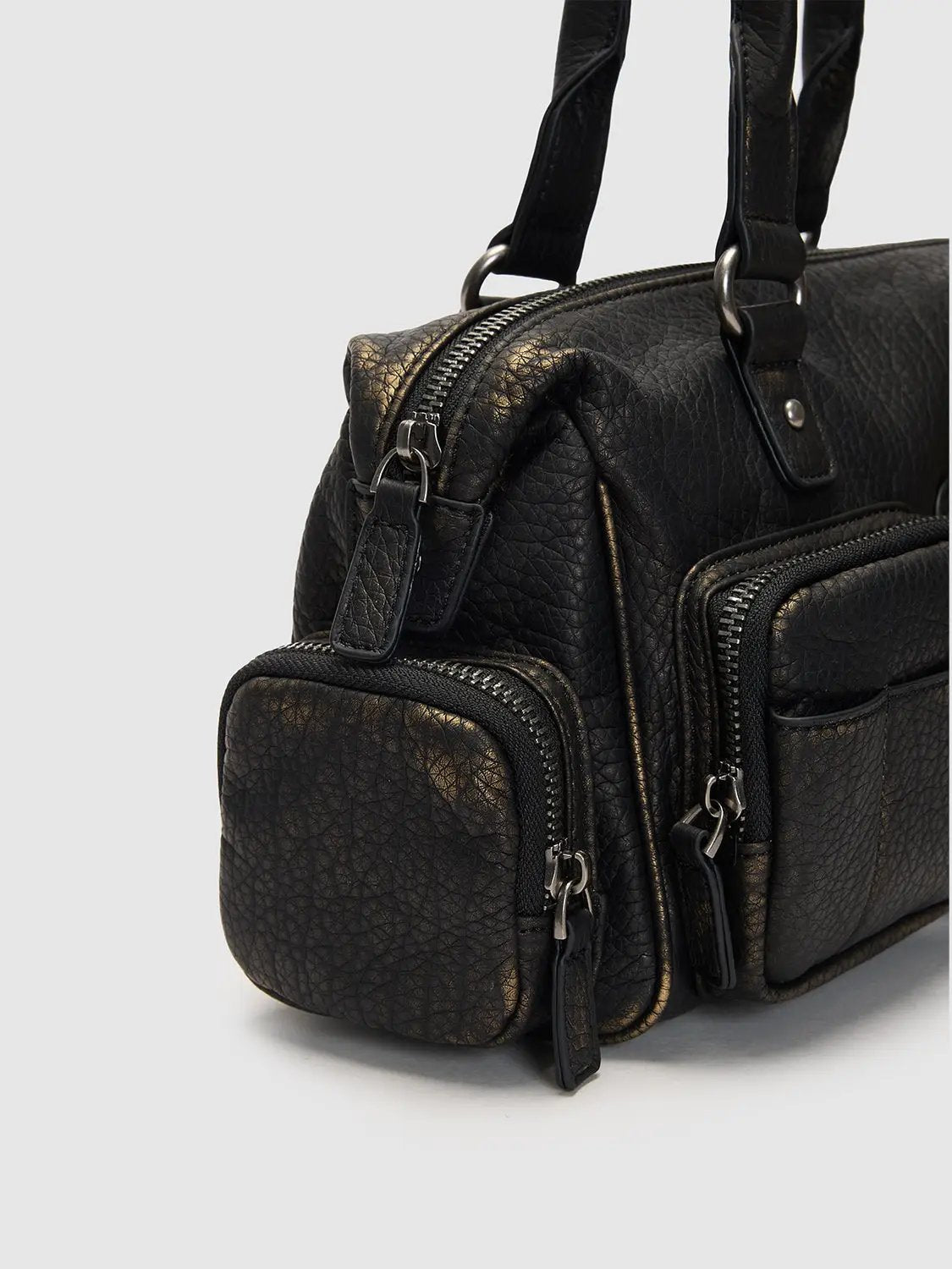 Textured Zippered Multi Pocket Fur Charm Shoulder Bag