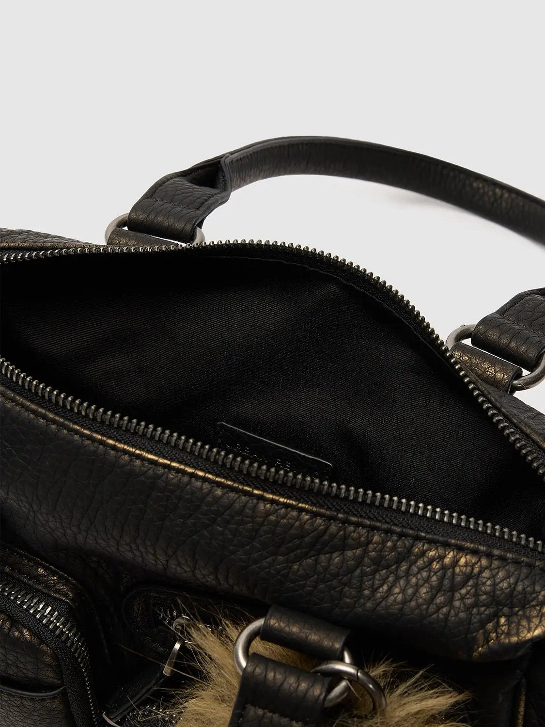 Textured Zippered Multi Pocket Fur Charm Shoulder Bag