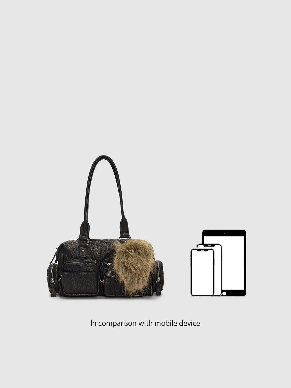 Textured Zippered Multi Pocket Fur Charm Shoulder Bag