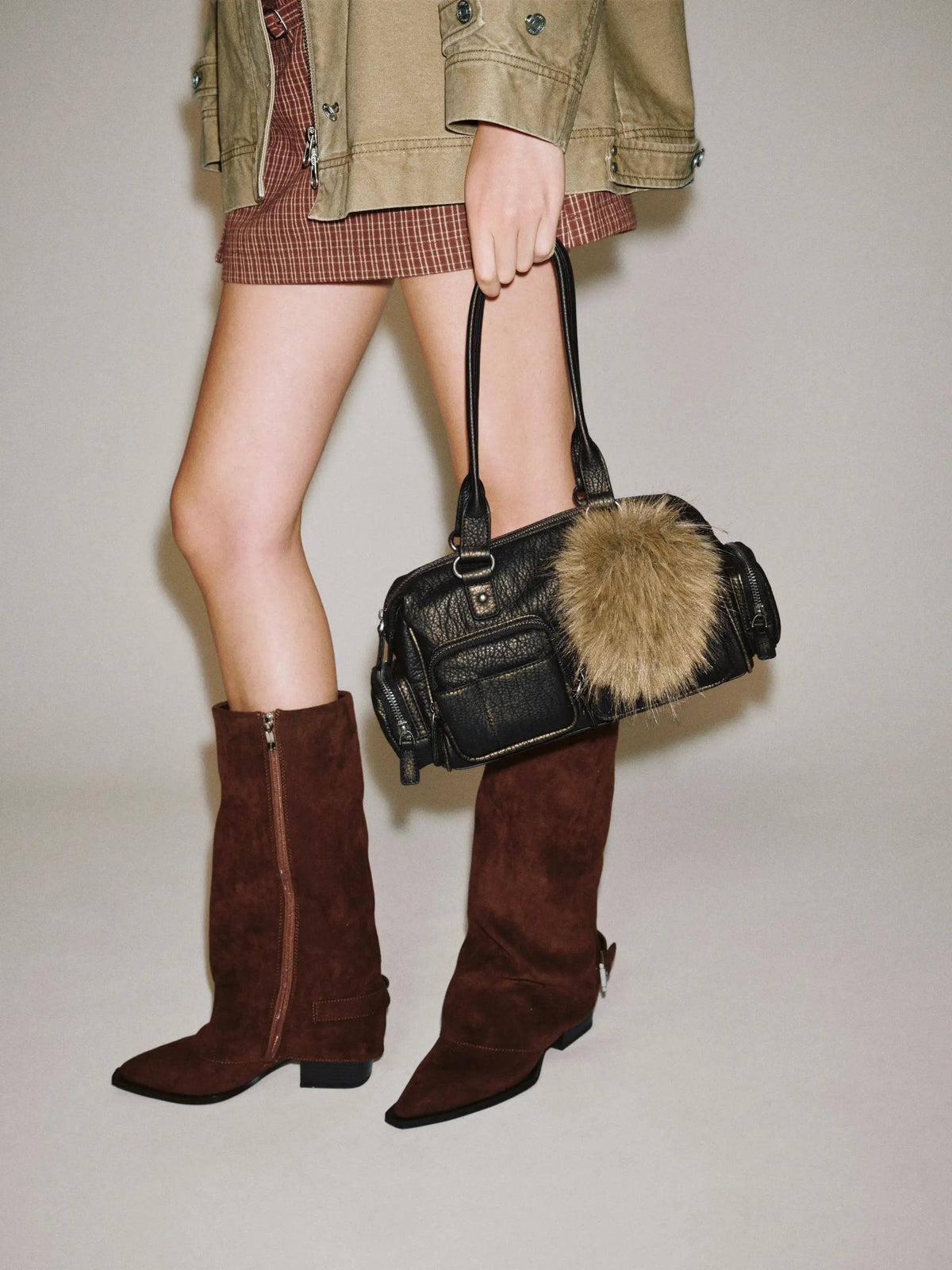 Textured Zippered Multi Pocket Fur Charm Shoulder Bag
