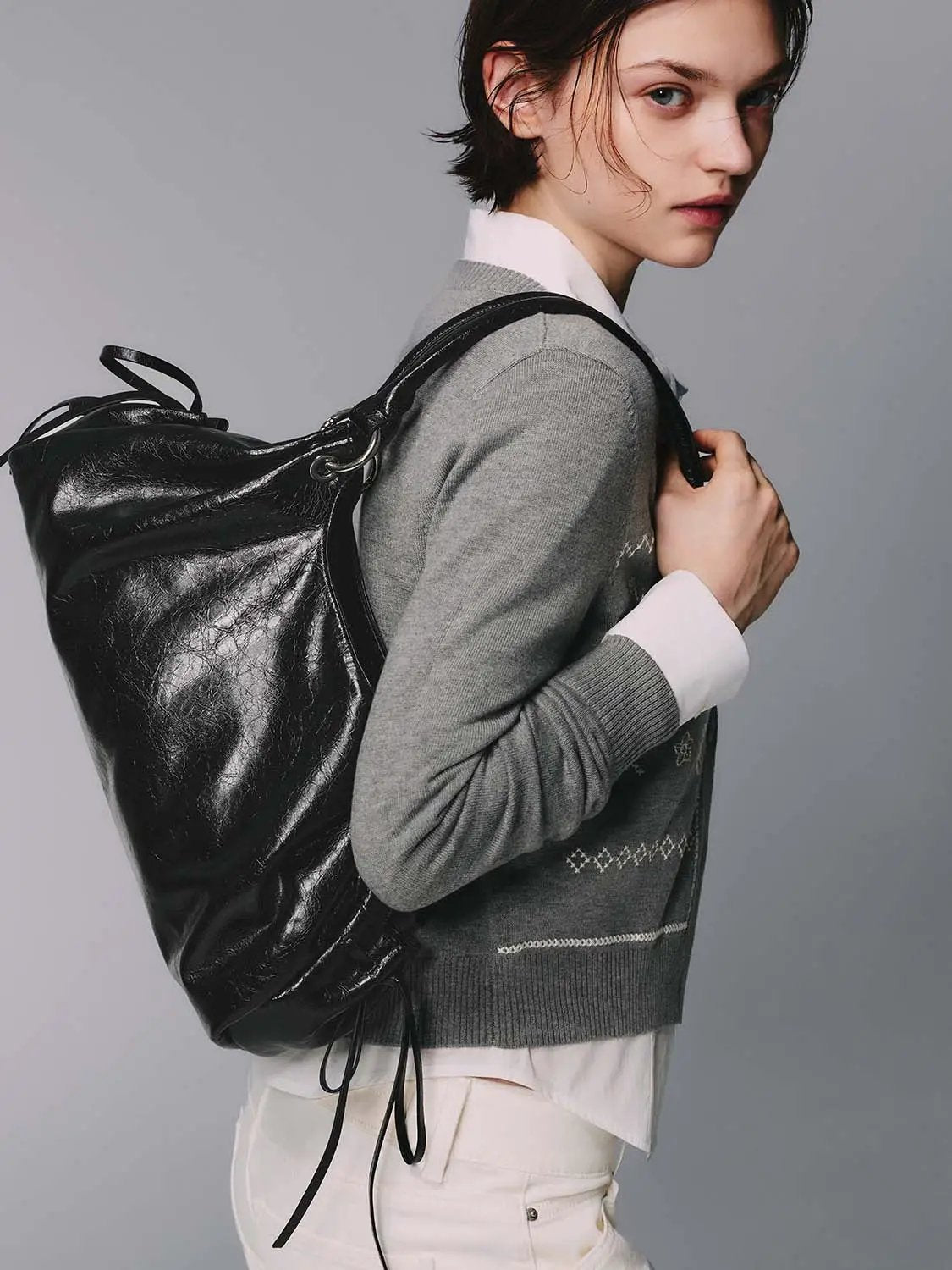 Textured Ruched Drawstring Slouchy Shoulder Bag