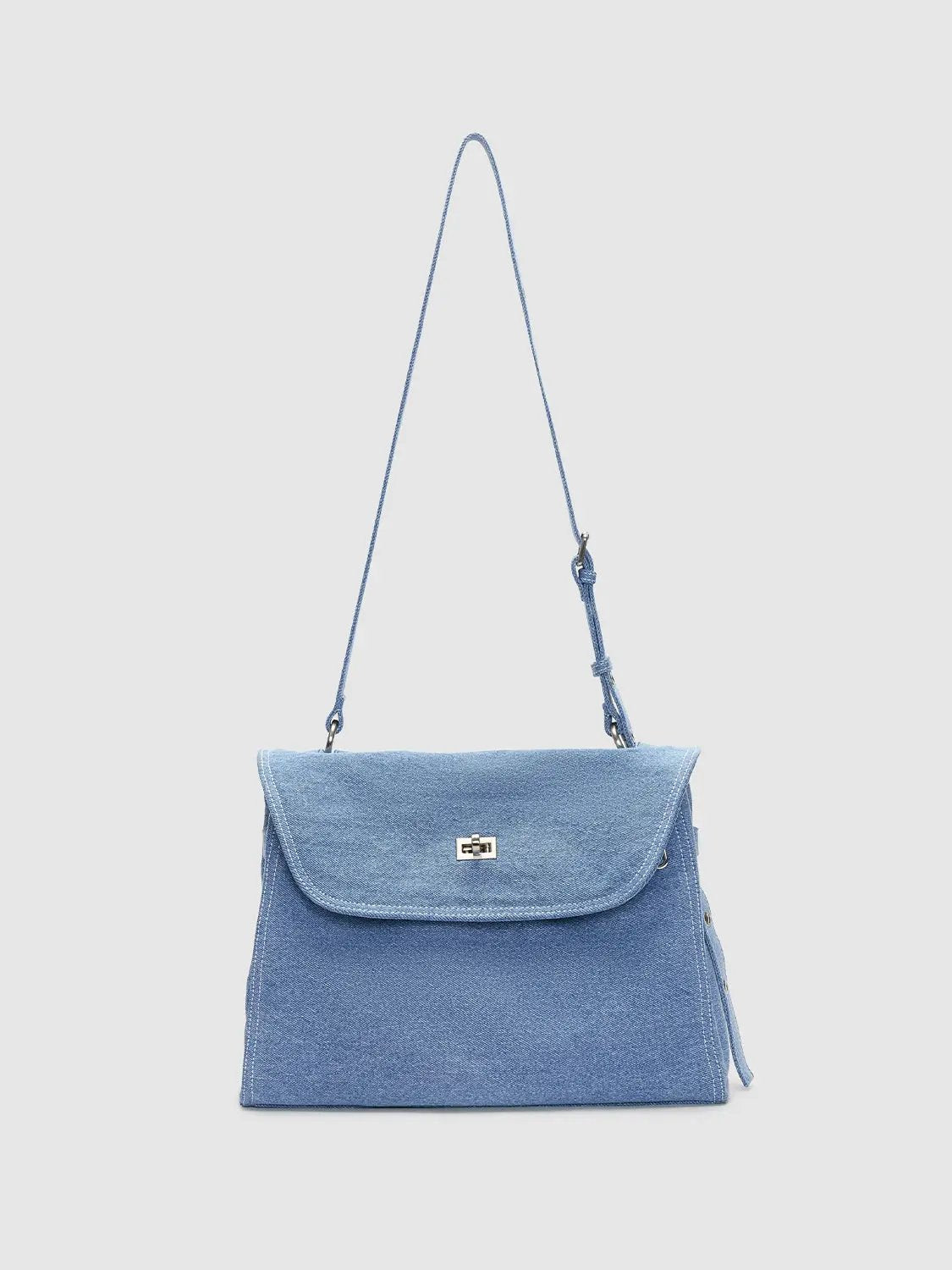 Denim Textured Flap Front Pocket Zip Crossbody Bag