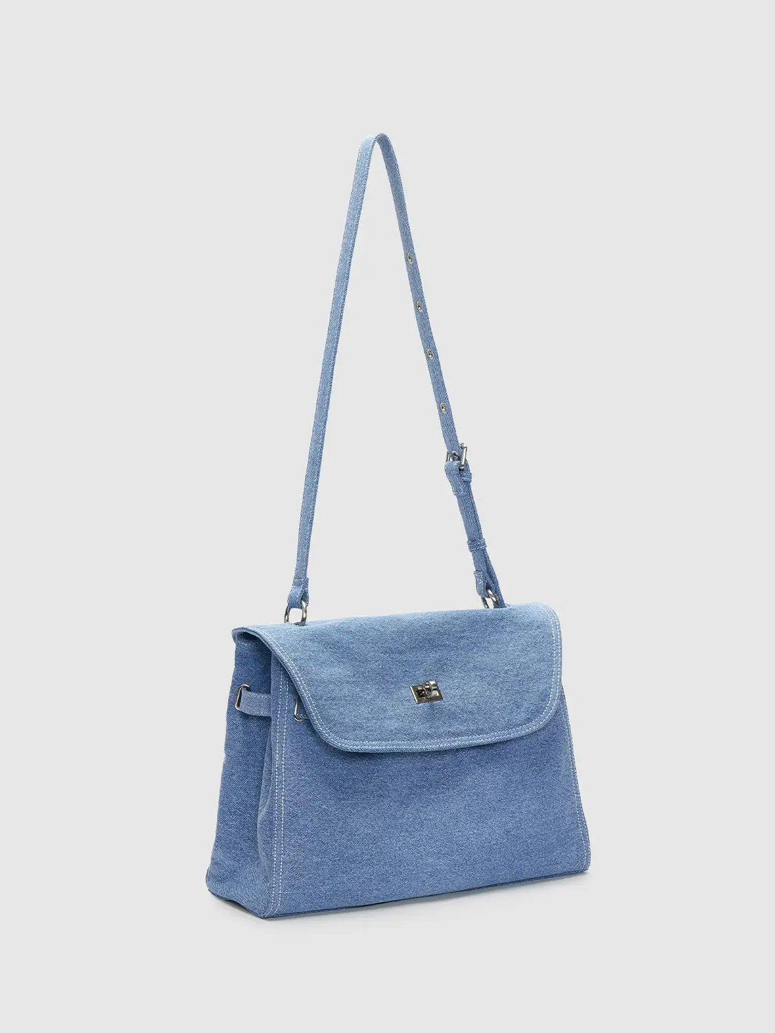 Denim Textured Flap Front Pocket Zip Crossbody Bag