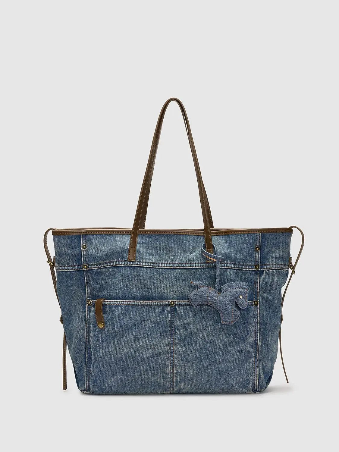 Denim Tote Bag With Leather Handle