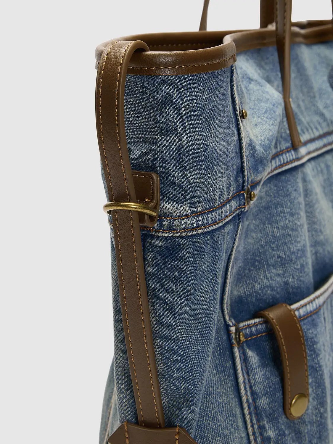 Denim Tote Bag With Leather Handle