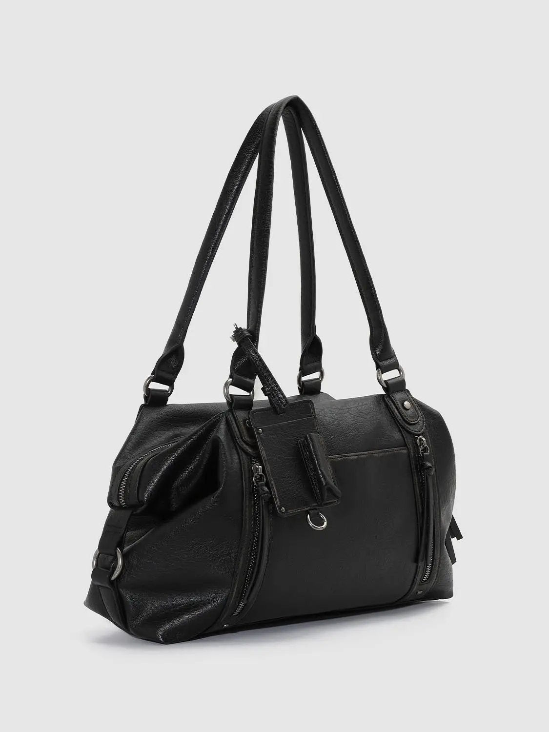 Textured Zipped Shoulder Bag With Long Strap