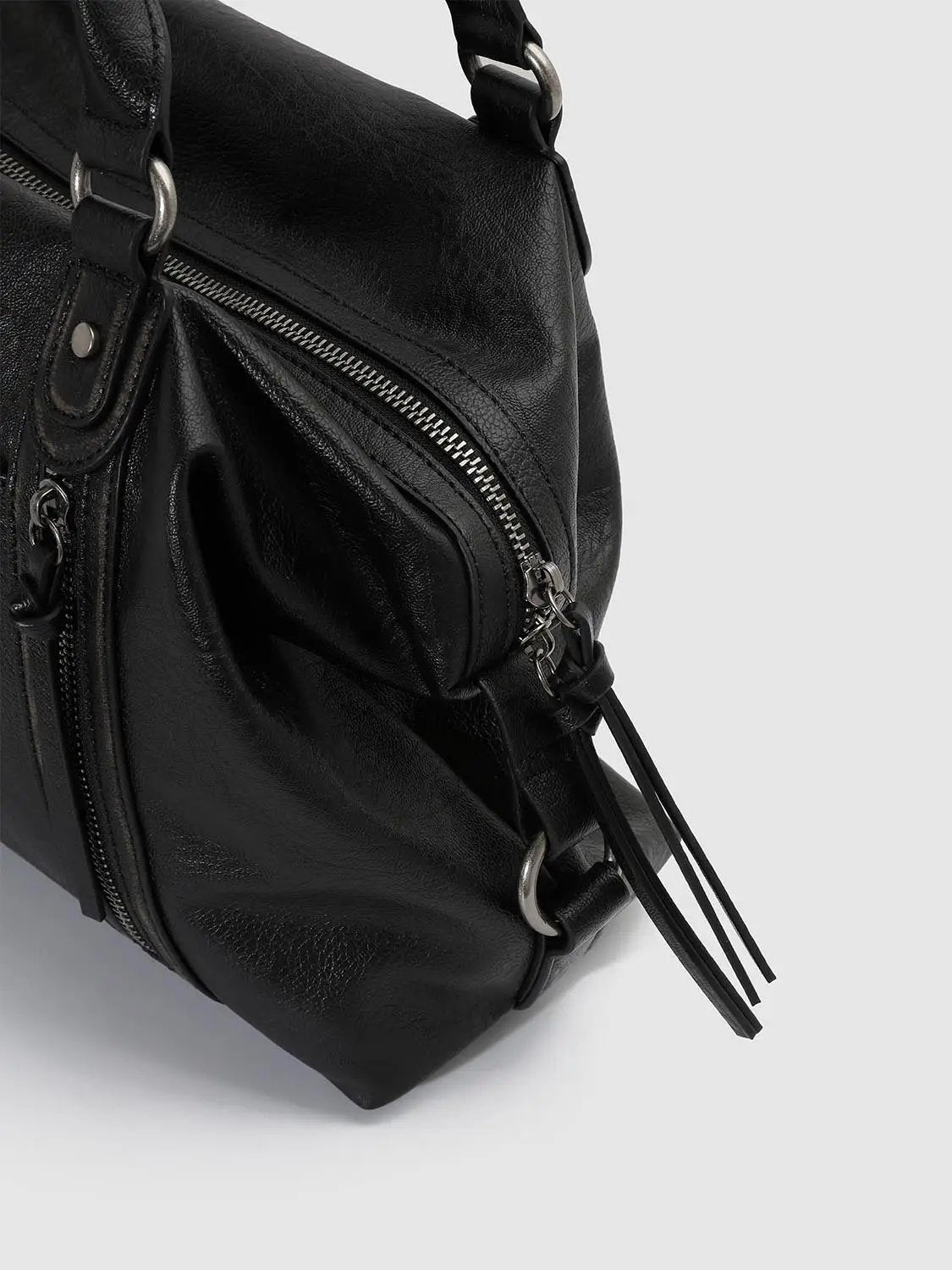 Textured Zipped Shoulder Bag With Long Strap