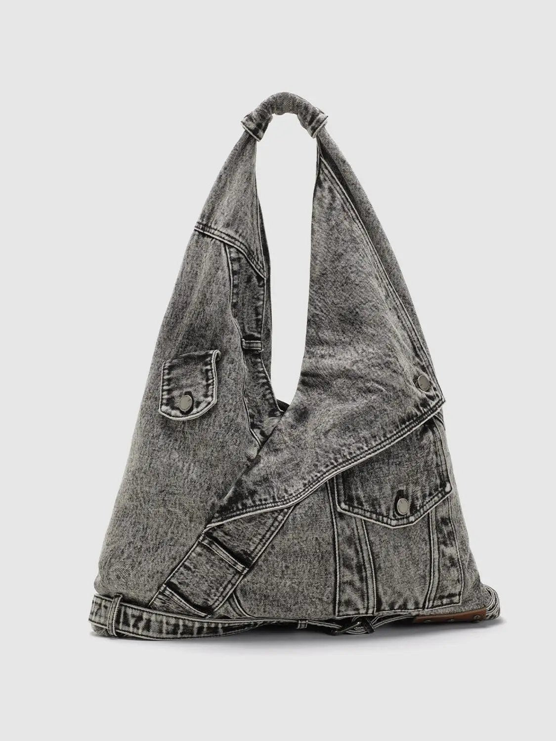 Washed Grey Denim Patchwork Shoulder Bag
