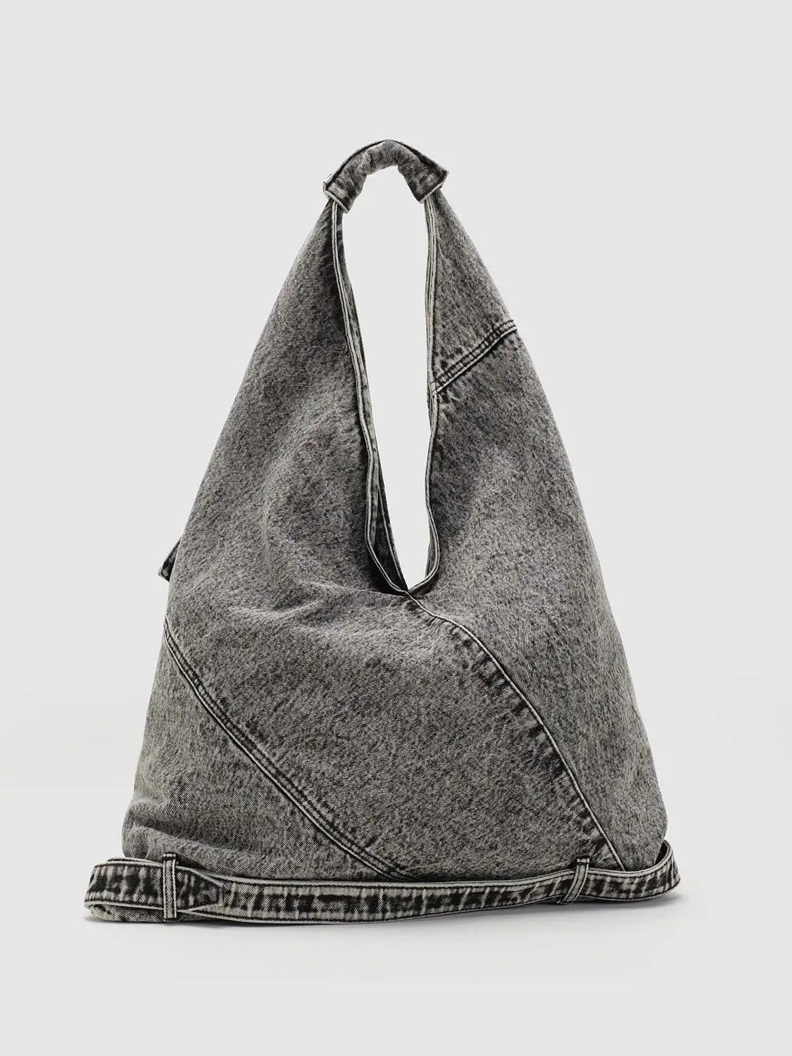 Washed Grey Denim Patchwork Shoulder Bag