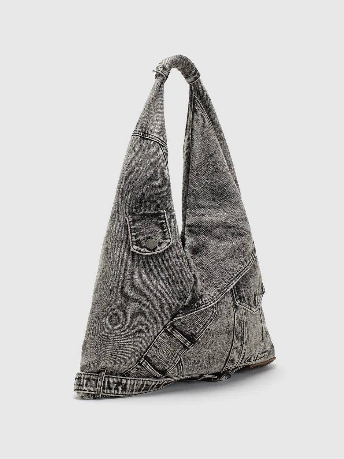 Washed Grey Denim Patchwork Shoulder Bag