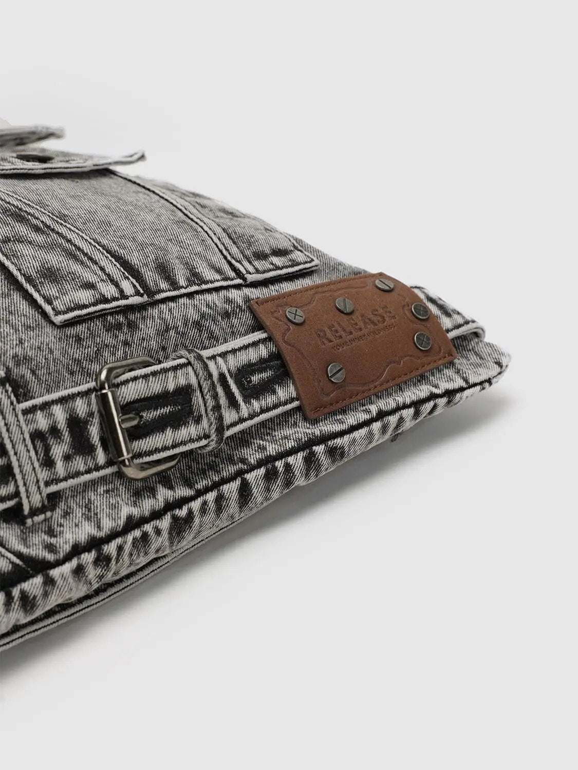Washed Grey Denim Patchwork Shoulder Bag