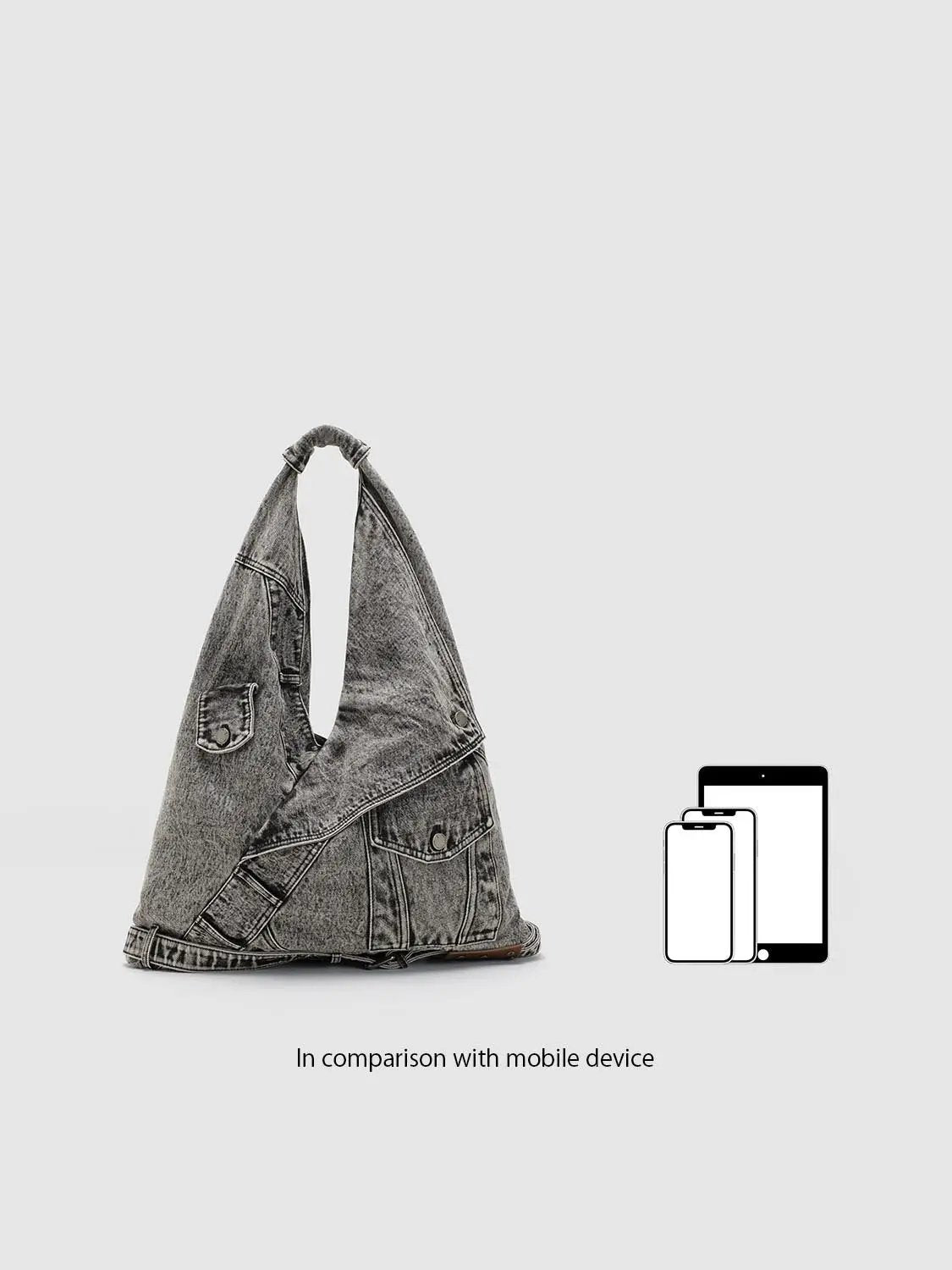 Washed Grey Denim Patchwork Shoulder Bag