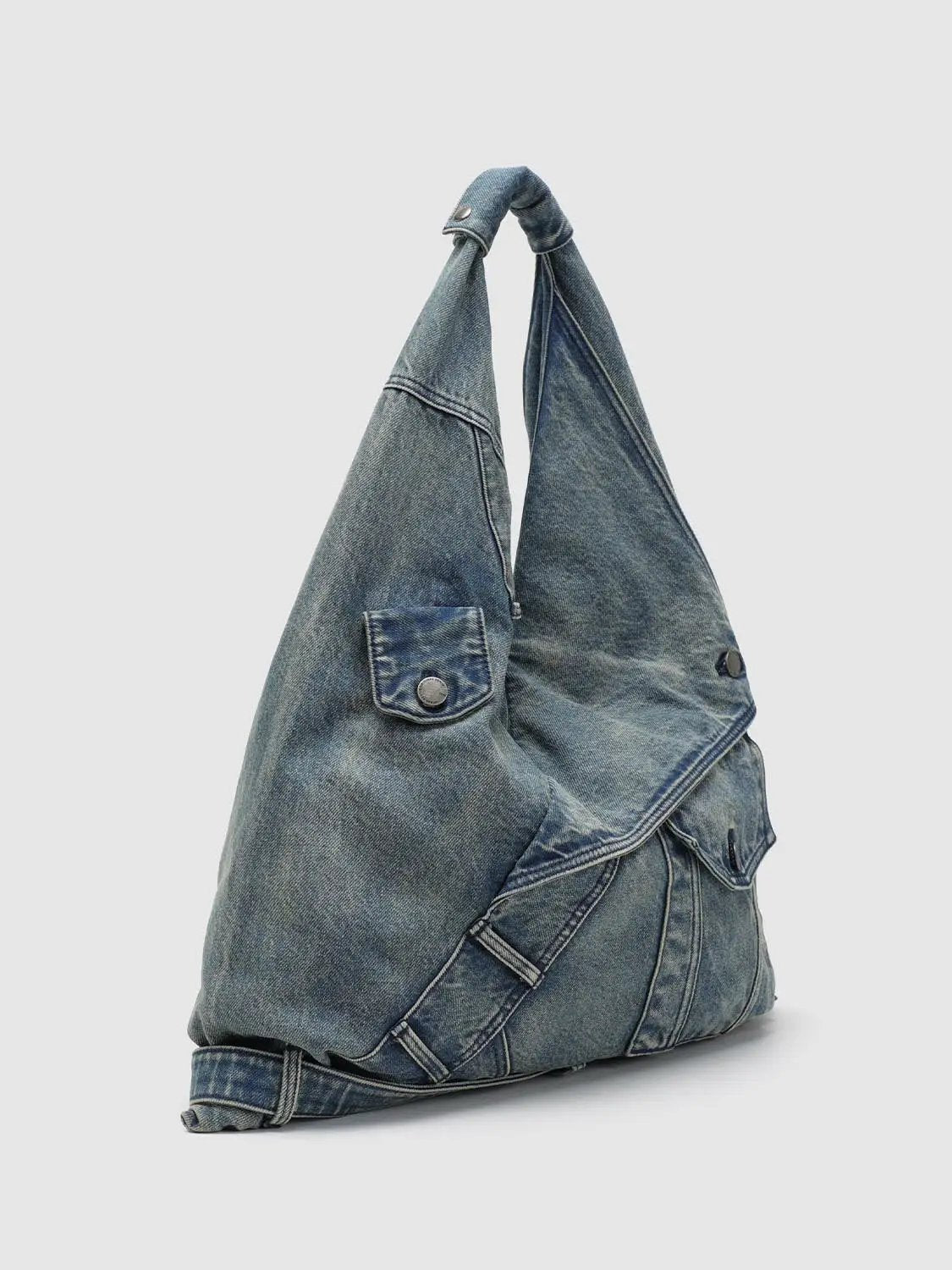 Washed Grey Denim Patchwork Shoulder Bag