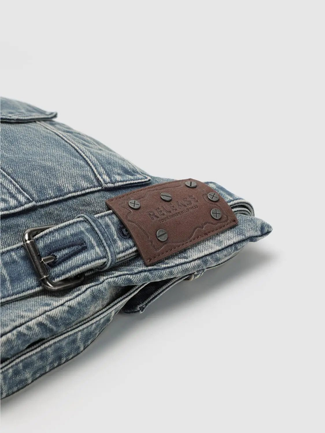 Washed Grey Denim Patchwork Shoulder Bag
