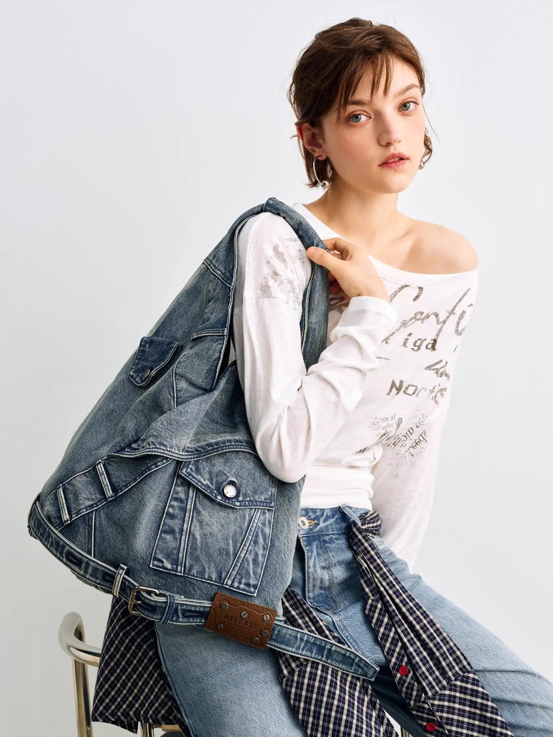 Washed Grey Denim Patchwork Shoulder Bag