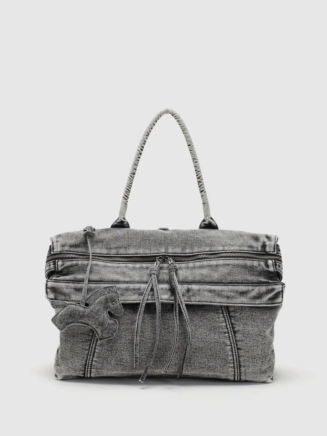 Washed Denim Twisted Handle Drawstring Zipper Handbag