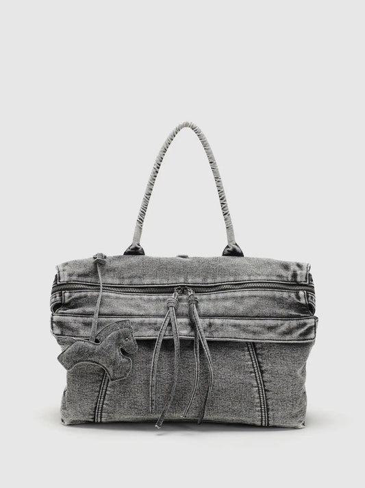 Washed Denim Twisted Handle Drawstring Zipper Handbag