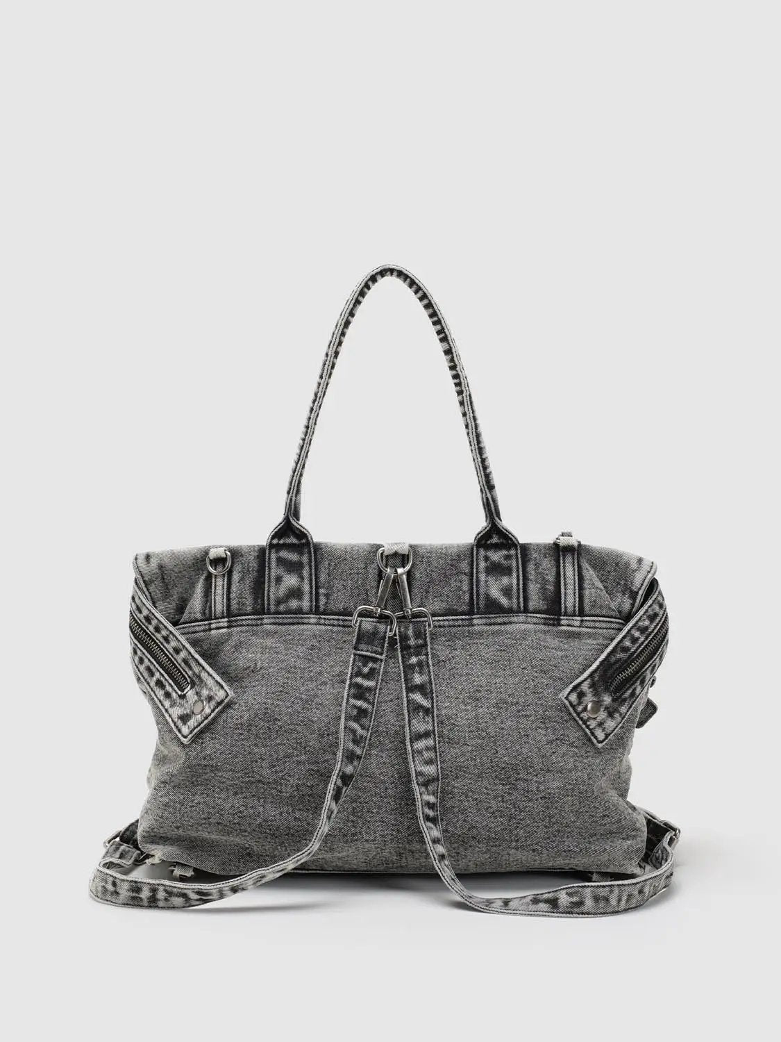 Washed Denim Twisted Handle Drawstring Zipper Handbag