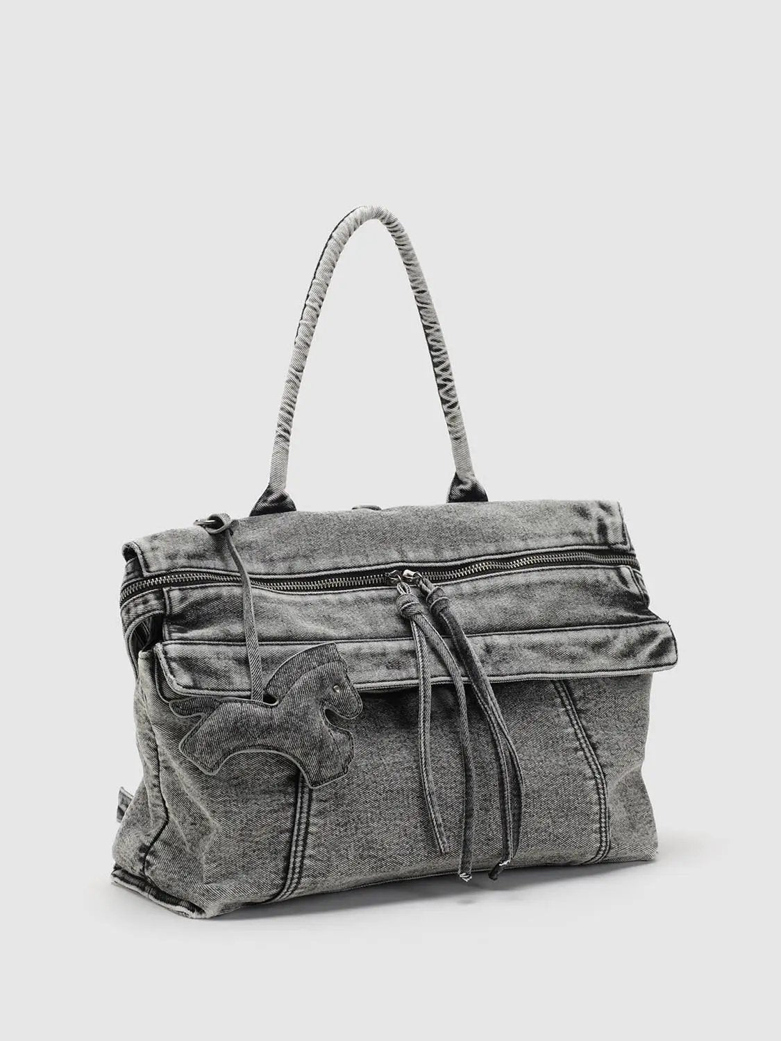 Washed Denim Twisted Handle Drawstring Zipper Handbag