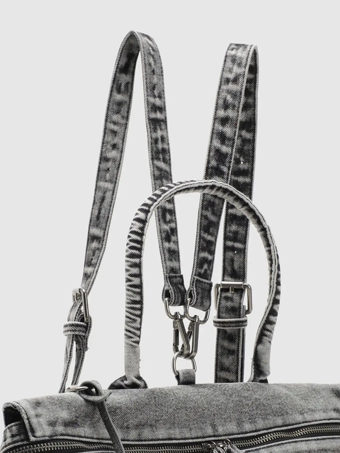Washed Denim Twisted Handle Drawstring Zipper Handbag