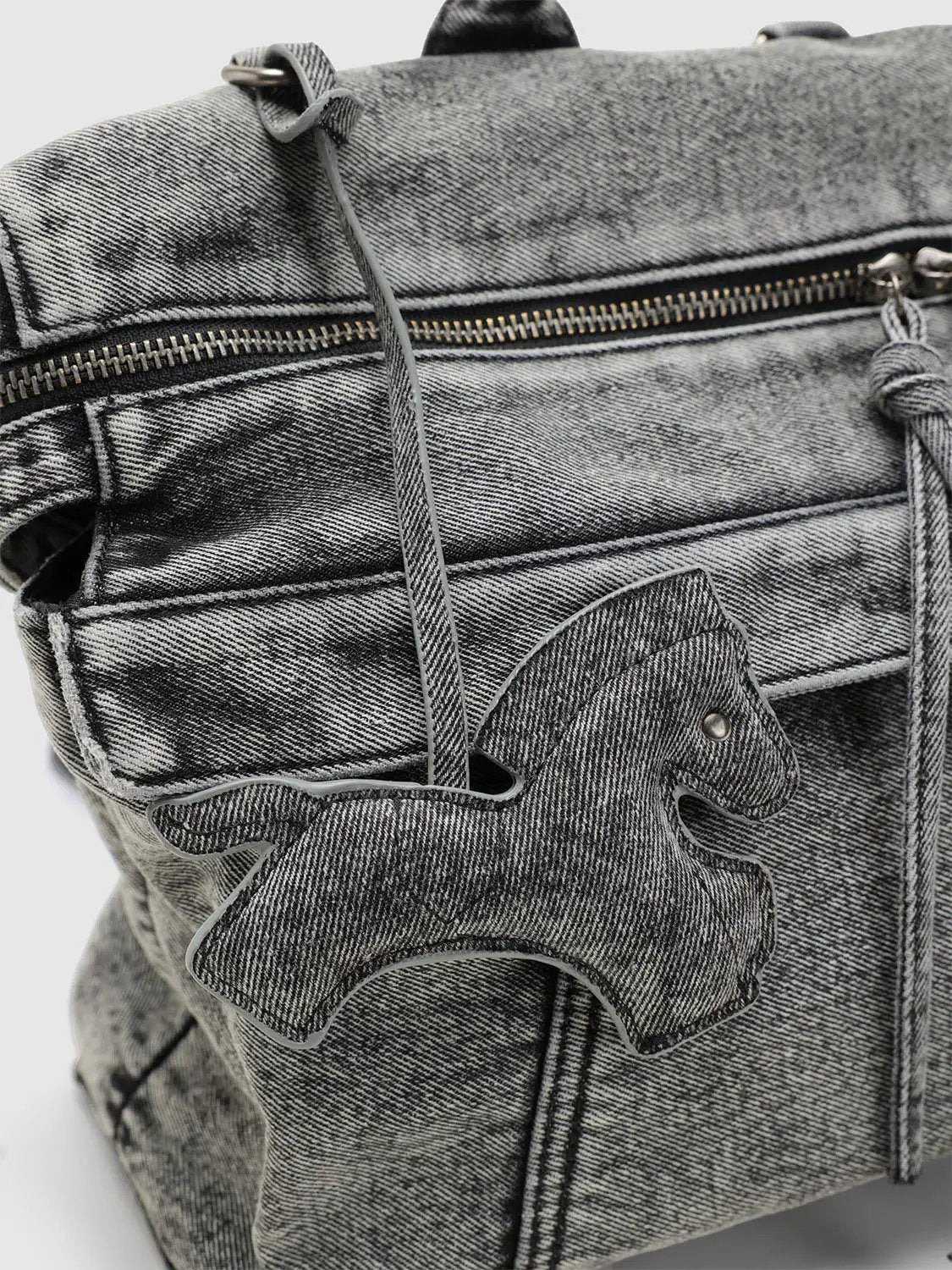 Washed Denim Twisted Handle Drawstring Zipper Handbag