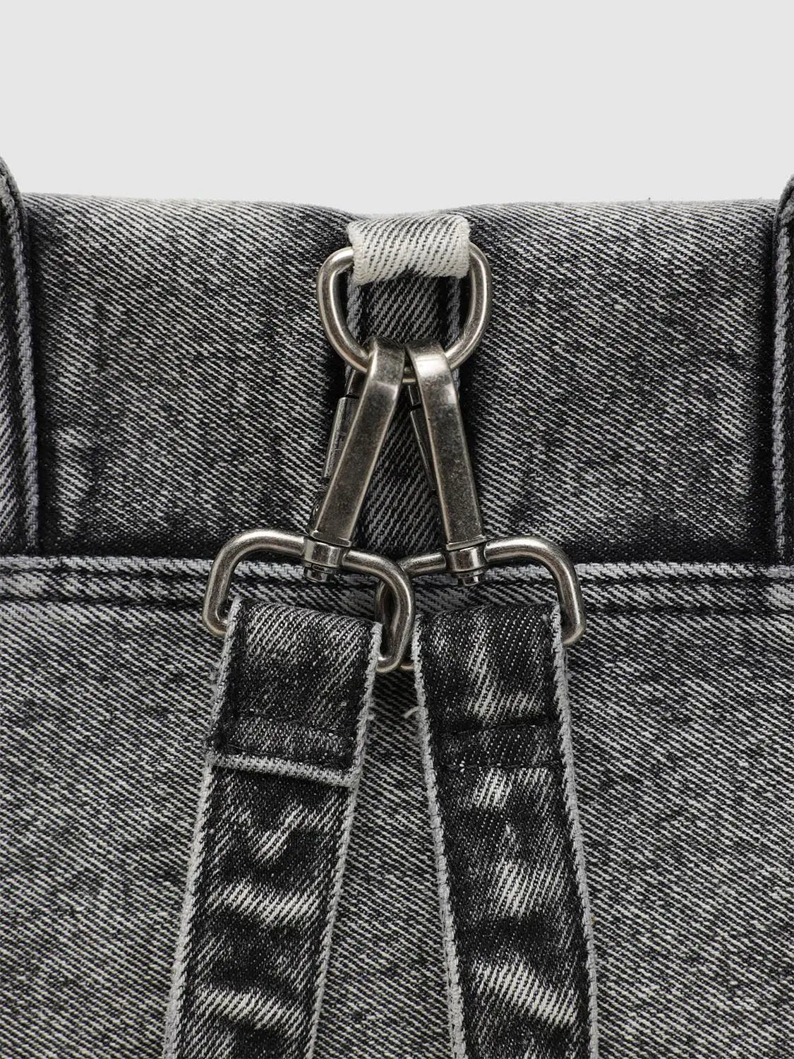 Washed Denim Twisted Handle Drawstring Zipper Handbag
