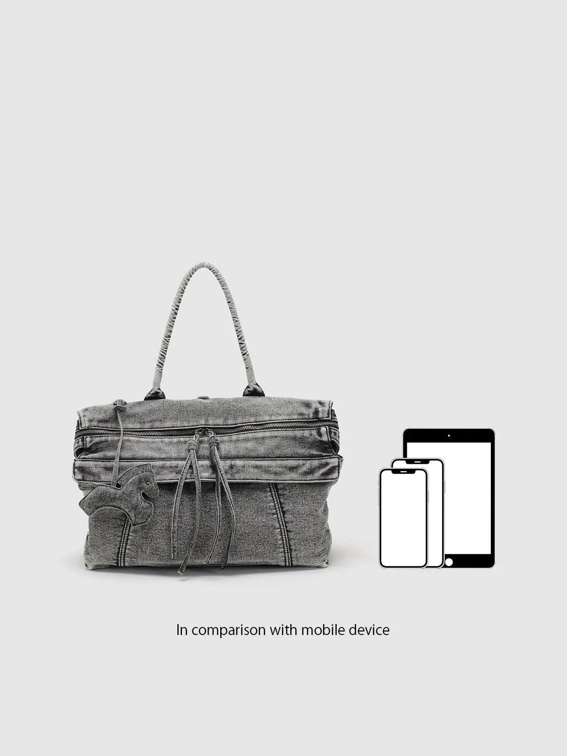 Washed Denim Twisted Handle Drawstring Zipper Handbag