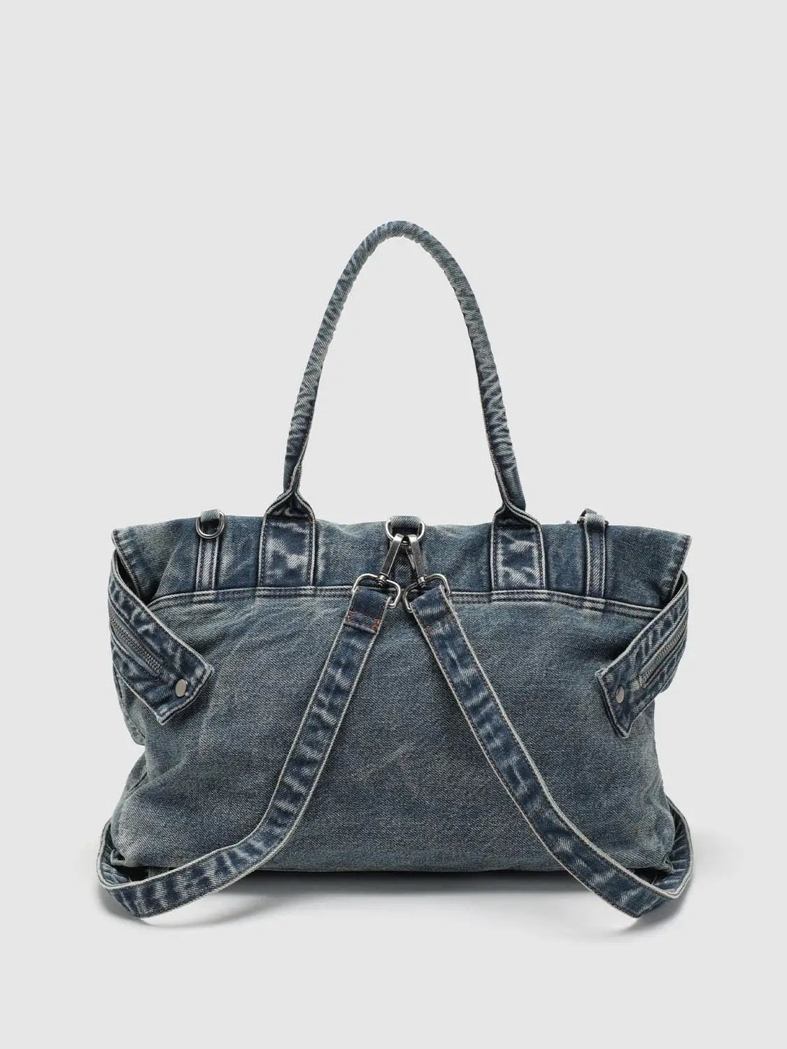 Washed Denim Twisted Handle Drawstring Zipper Handbag