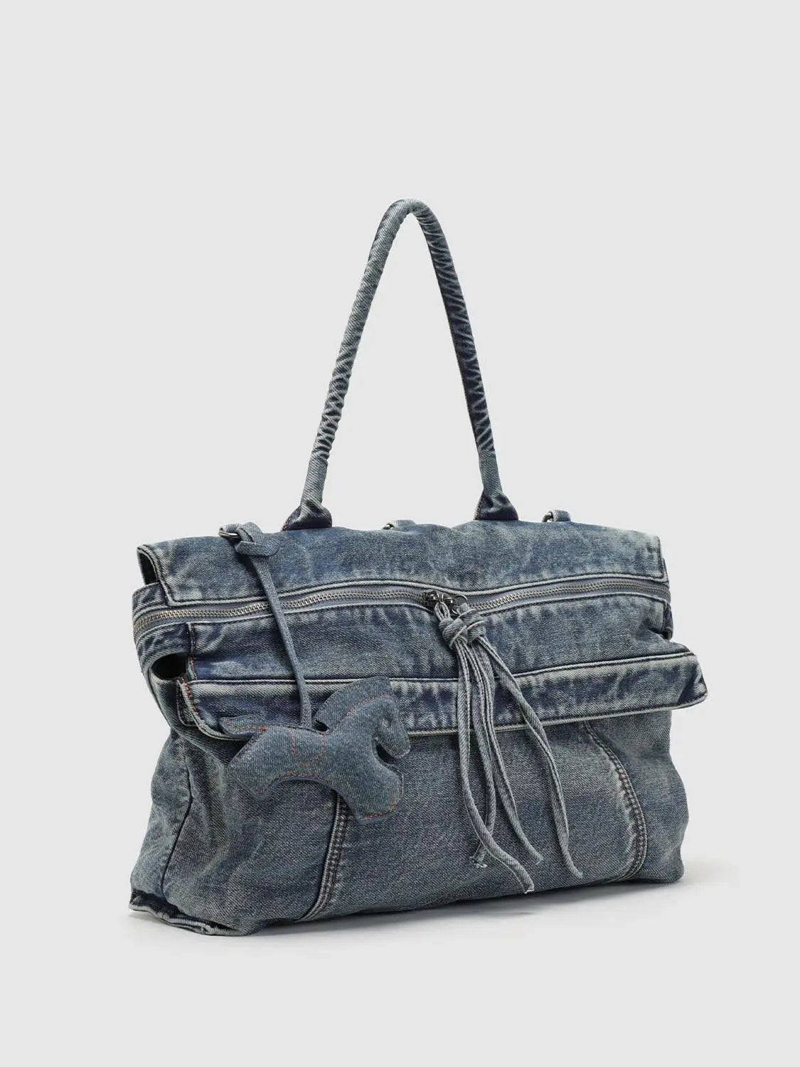 Washed Denim Twisted Handle Drawstring Zipper Handbag