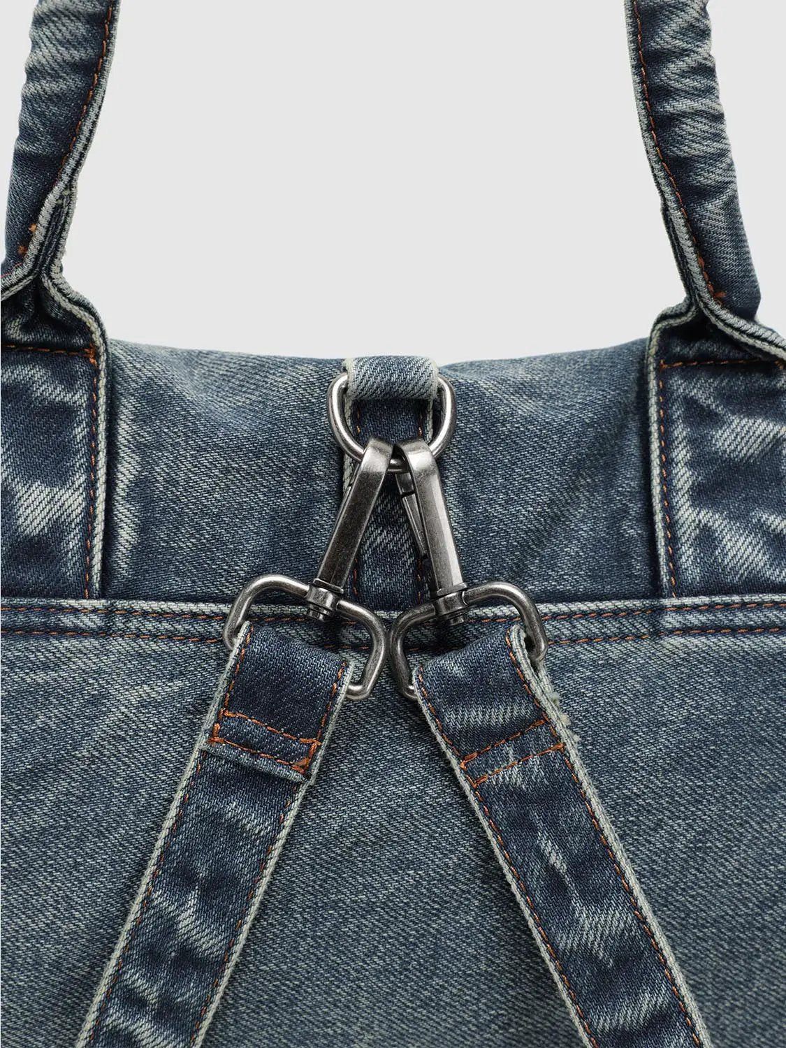 Washed Denim Twisted Handle Drawstring Zipper Handbag