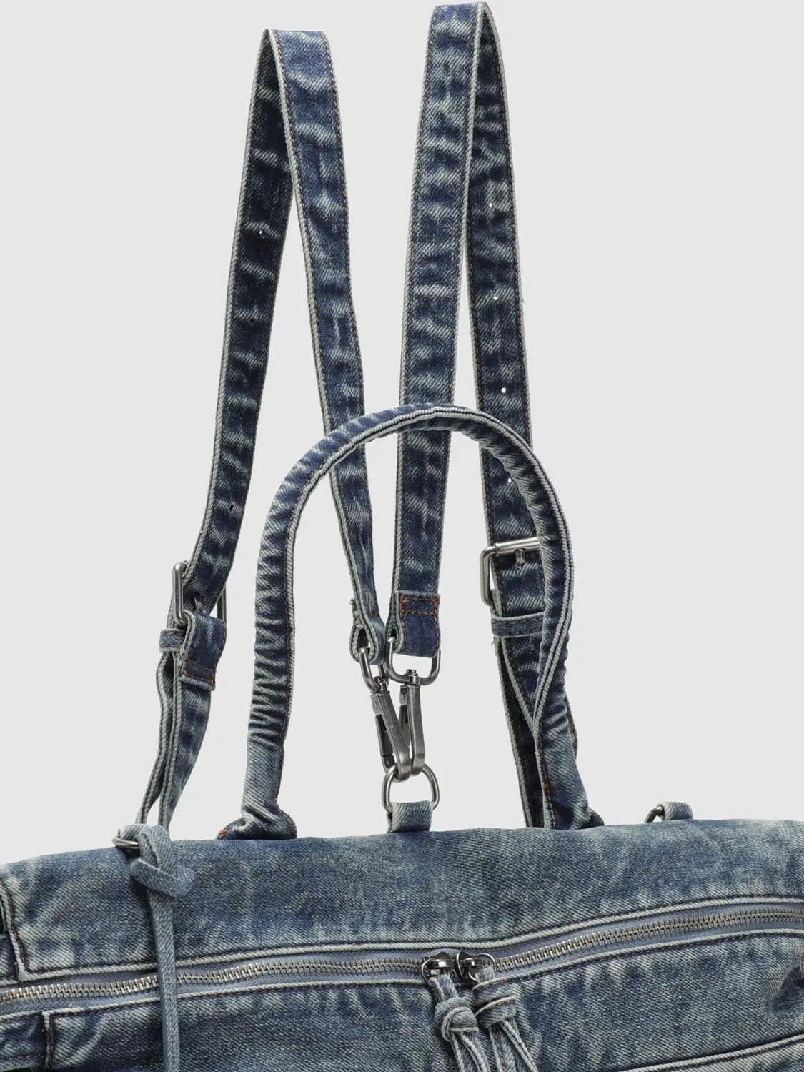 Washed Denim Twisted Handle Drawstring Zipper Handbag